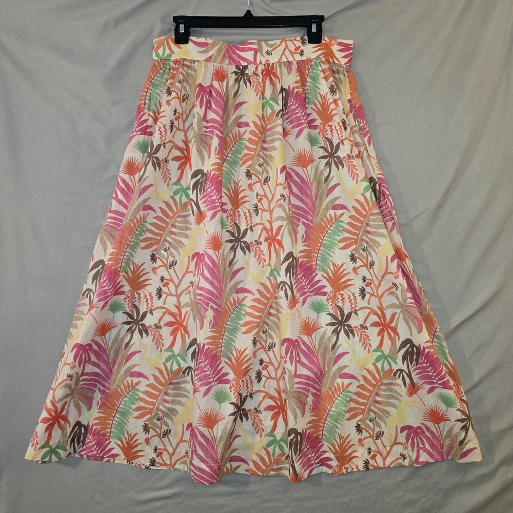 J. McLaughlin Skirt 12 Womens Multicolor Tropical Palm Cotton Midi A-Line